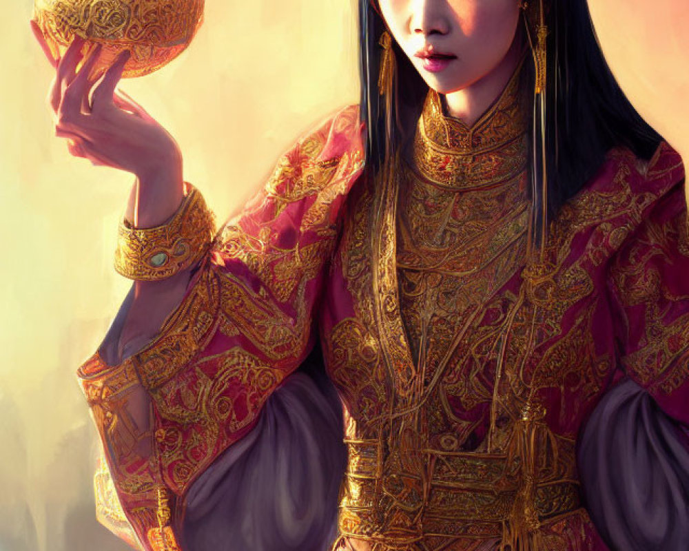 Regal woman in ornate Asian attire with golden artifact in glowing background