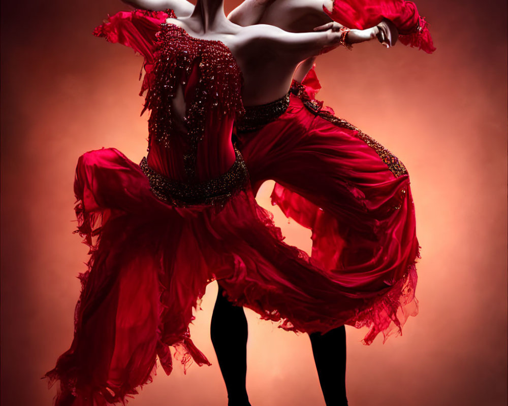 Vibrant flamenco dancers in red attire captured in passionate performance