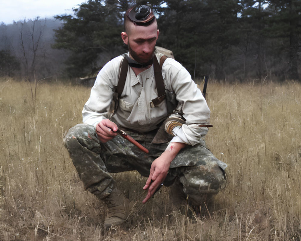 Man in camouflage pants crouching with knife in hand in field