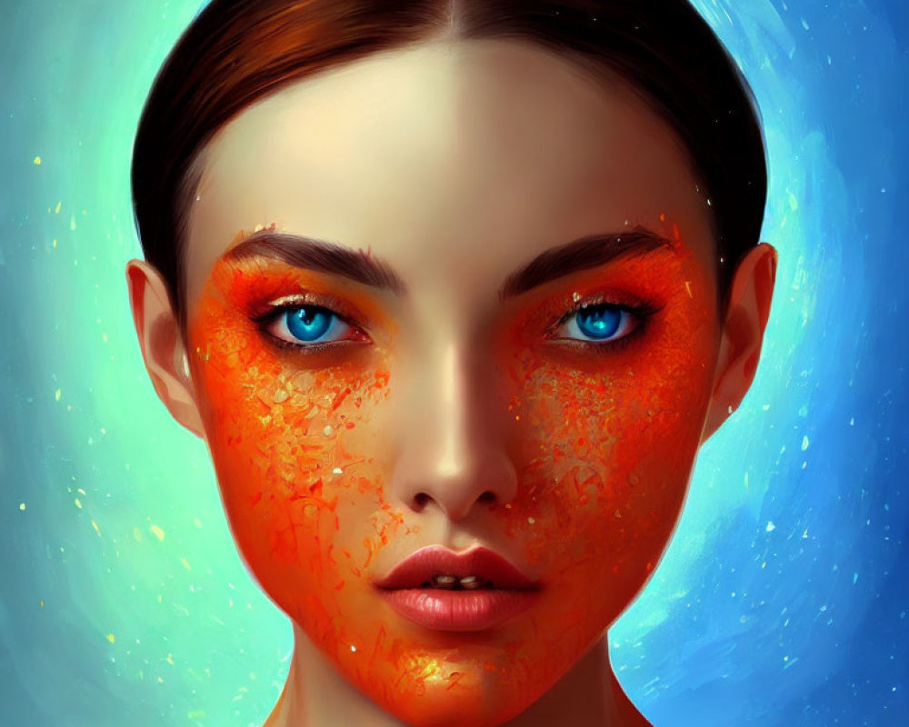 Surreal portrait of woman with vibrant blue eyes and fiery orange textures