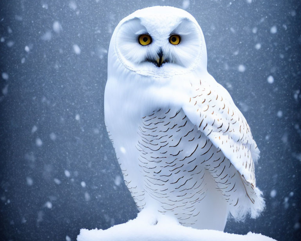 Snowy Owl Perched on Snow-Covered Mound Under Falling Snowflakes