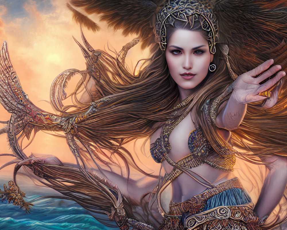 Fantasy artwork: Female warrior with feathered headgear and ornate armor against dramatic sky and ocean