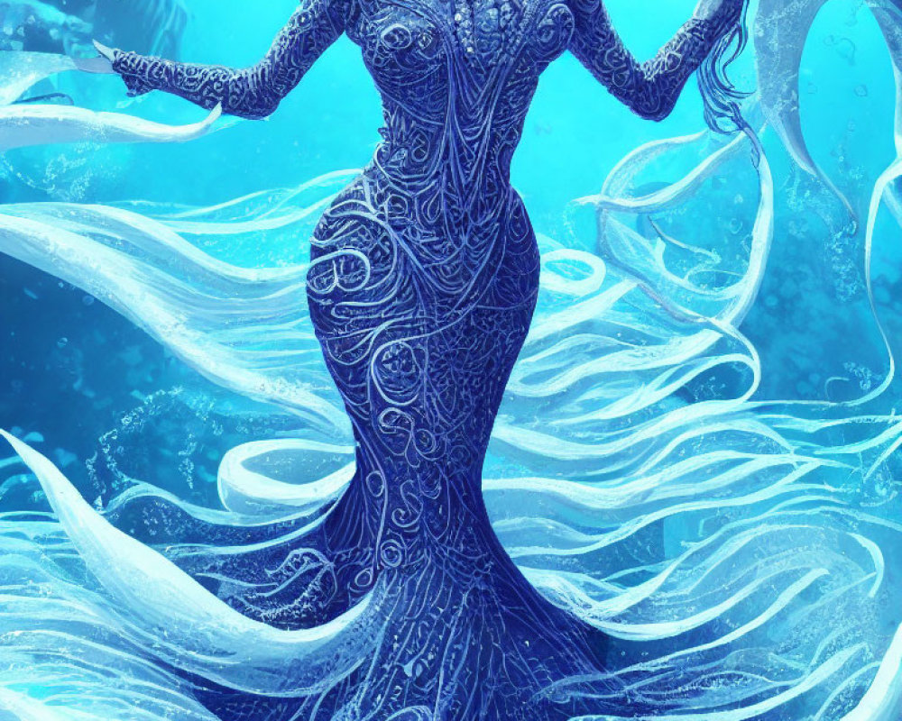 Ethereal blue mermaid with intricate body designs underwater