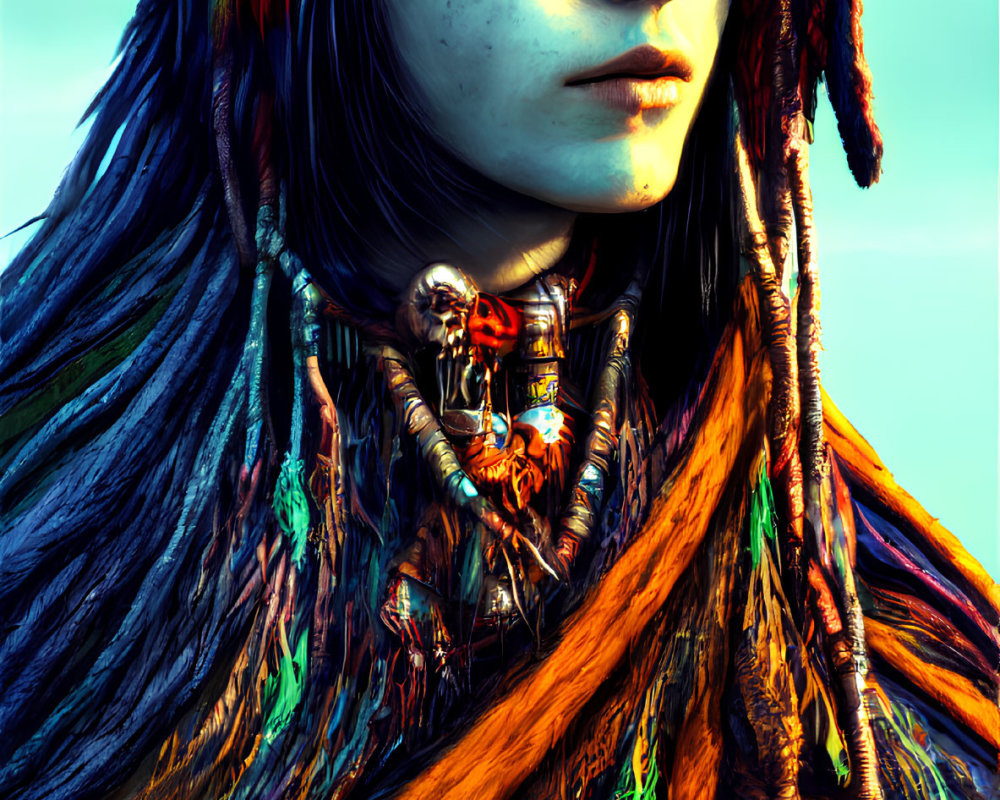 Detailed portrait of woman in tribal attire with vibrant feathers and beads on blue background