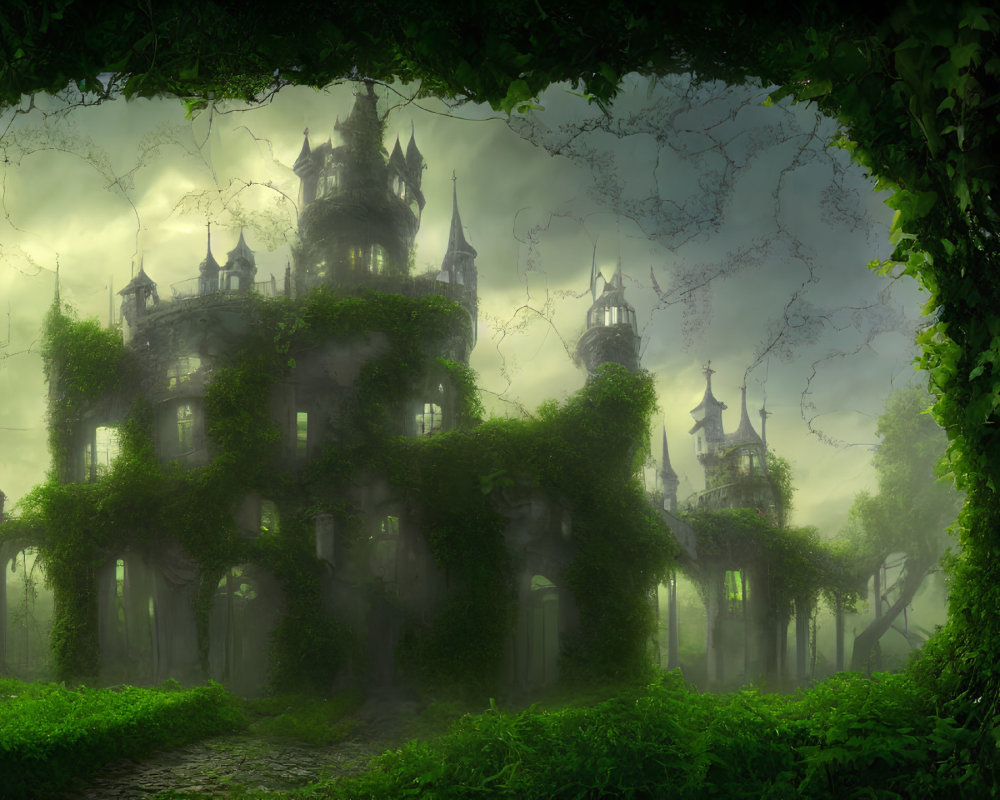 Mystical castle covered in green ivy nestled in lush forest