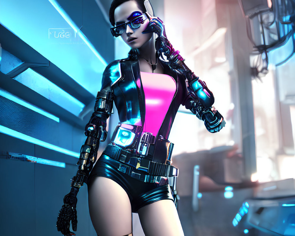 Futuristic cyberpunk woman with high-tech gear and neon glasses