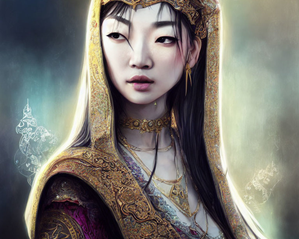 Digital art portrait of woman with Asian features in ornate golden headdress and regal attire.