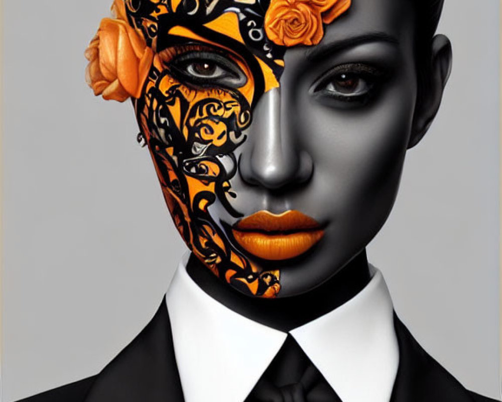 Half-face mask in black and orange patterns with roses, person in black suit and tie