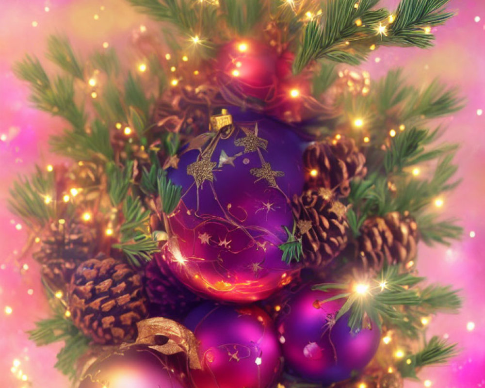 Christmas wreath with purple and red baubles and lights on pink background