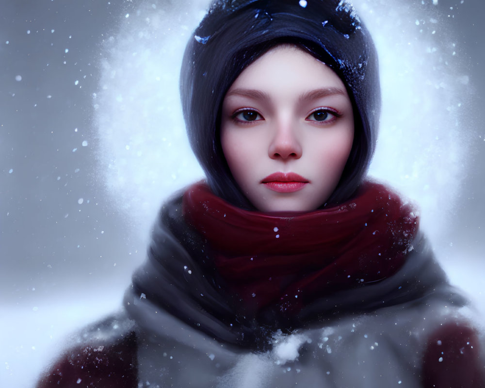 Digital artwork featuring person with pale skin and striking eyes in snow-covered attire.