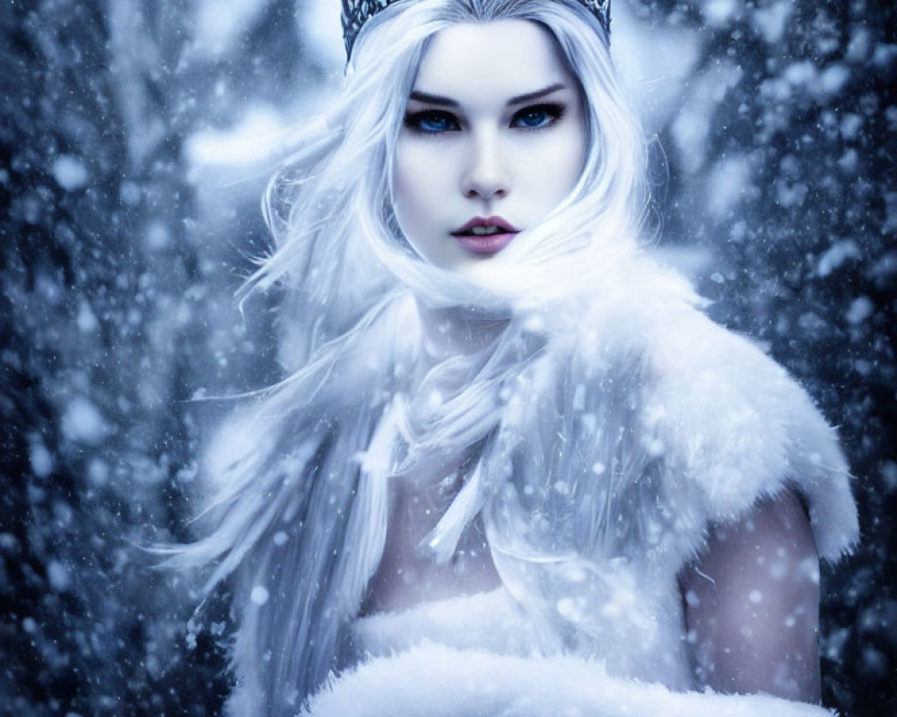 Platinum Blonde Winter Queen with Crown in Snowy Scene