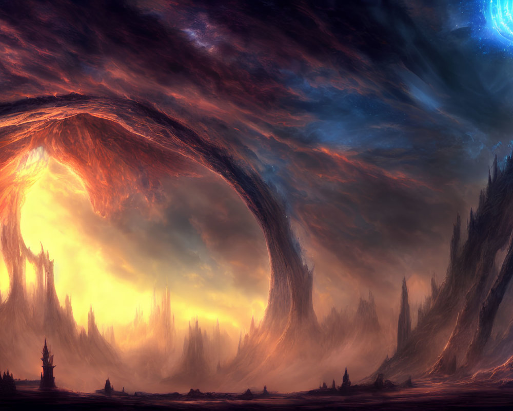 Fantasy landscape with towering spires and cosmic portal in orange sky