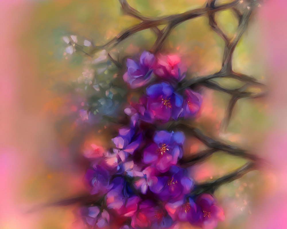 Impressionist-style painting of purple flowers on twisting branches.