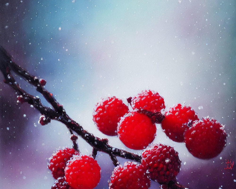 Frost-covered red berries on branch in winter scene