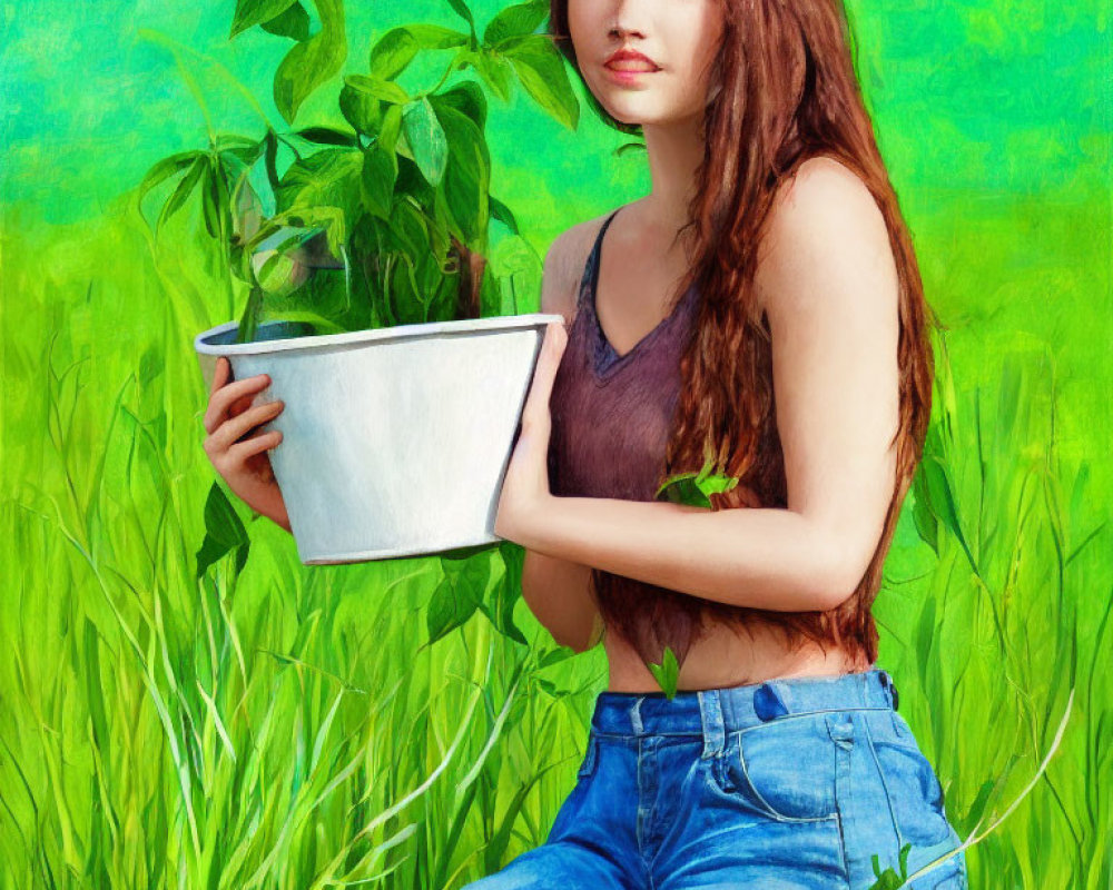 Woman with Long Brown Hair Holding Plant Pot on Green Background