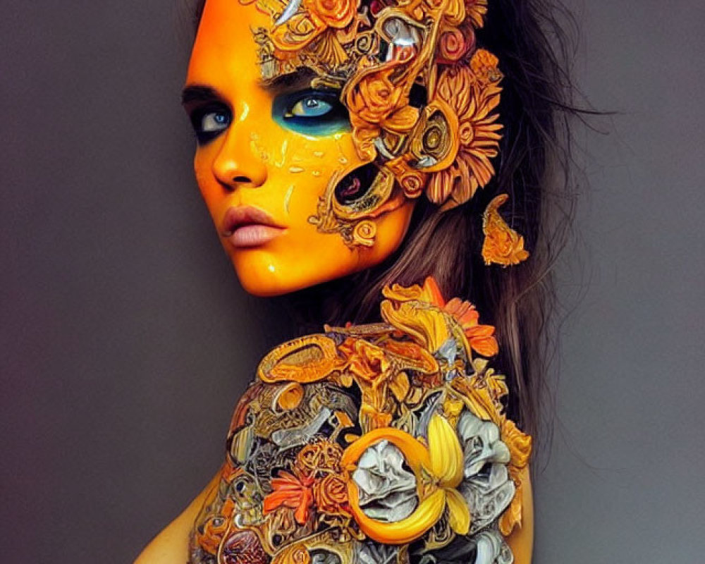 Elaborate Orange and Yellow Floral Face Paint on Person