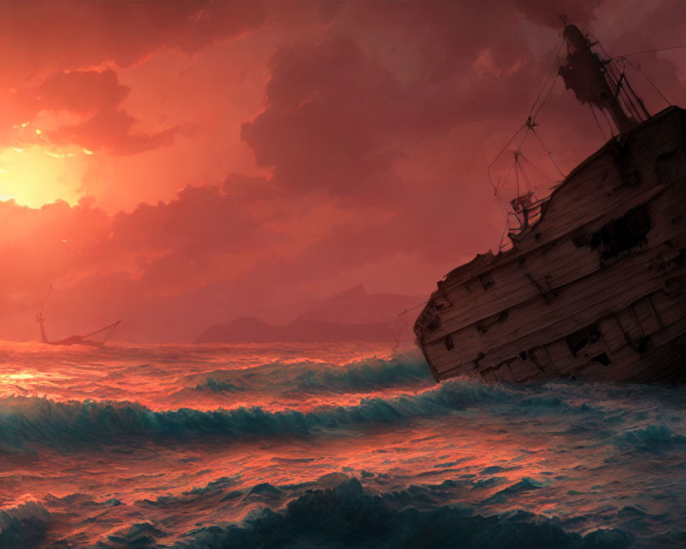 Shipwreck in turbulent sea under dramatic red sky with crashing waves and distant windmills.