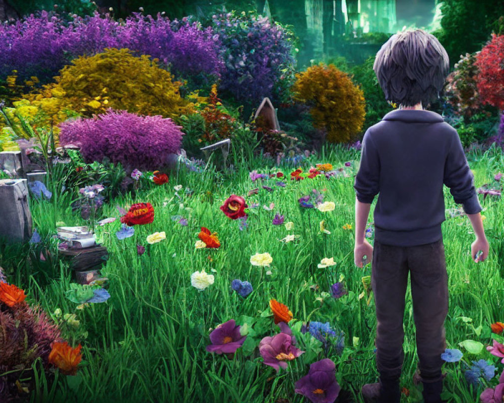 Child admires vibrant garden with lush green grass and colorful flowers