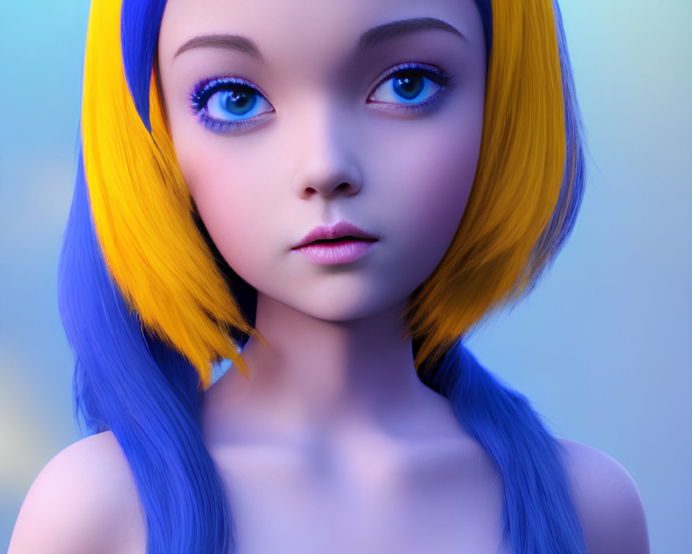 Vibrant blue and yellow hair on 3D female figure with large blue eyes