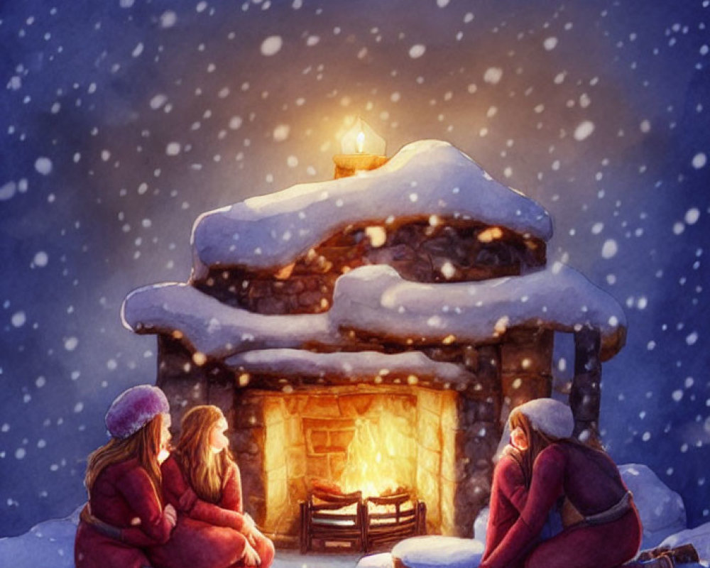 Cozy winter scene: Four people by fireplace at snow-covered cabin