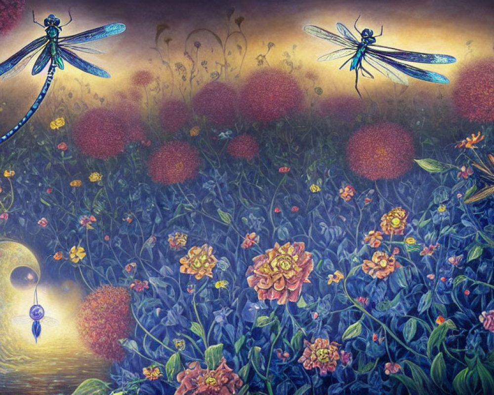 Whimsical garden scene with oversized dragonflies and colorful flowers