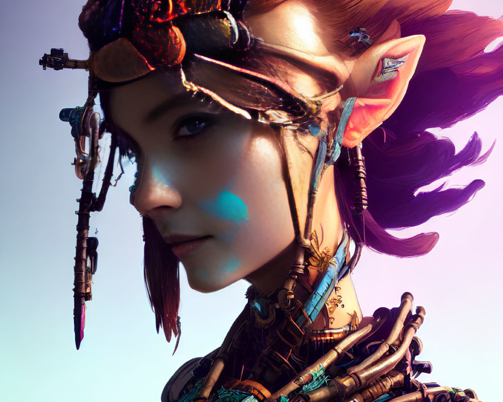 Digital art portrait of female character with elf-like ears, red hair, intricate headgear, and cyber