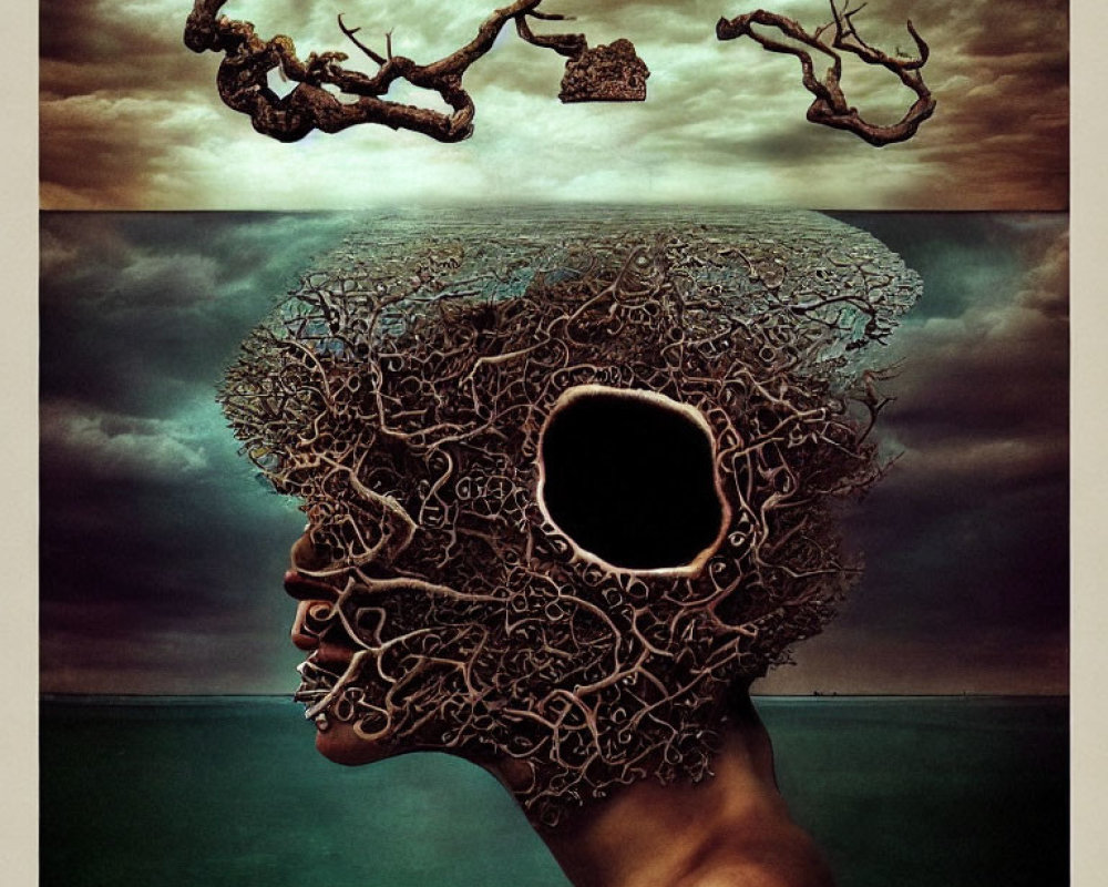 Surreal portrait of person with tree head under dramatic sky