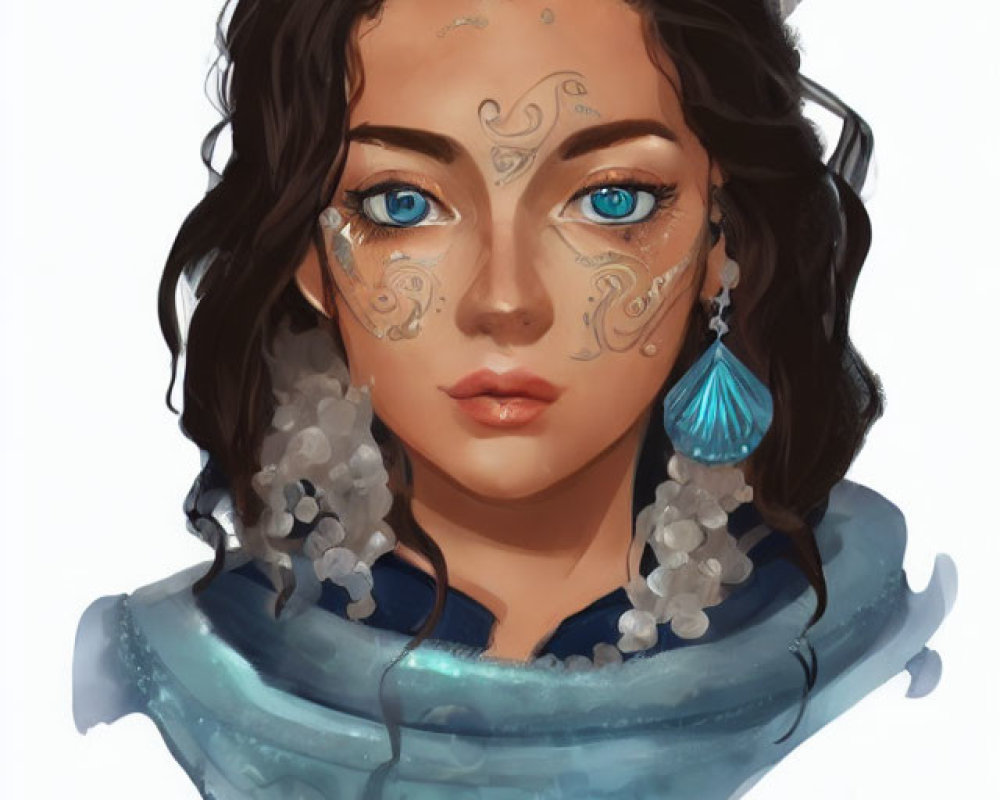 Portrait of woman with dark curly hair, blue eyes, silver facial markings, blue scarf.