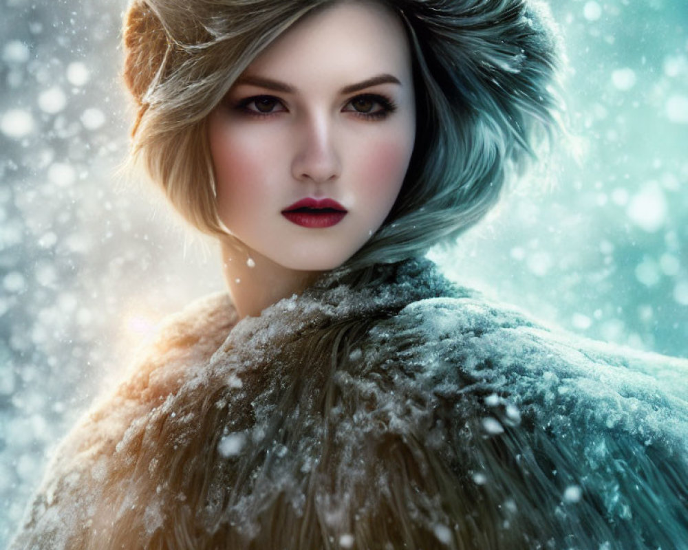 Woman in fur-lined coat with striking makeup in falling snow