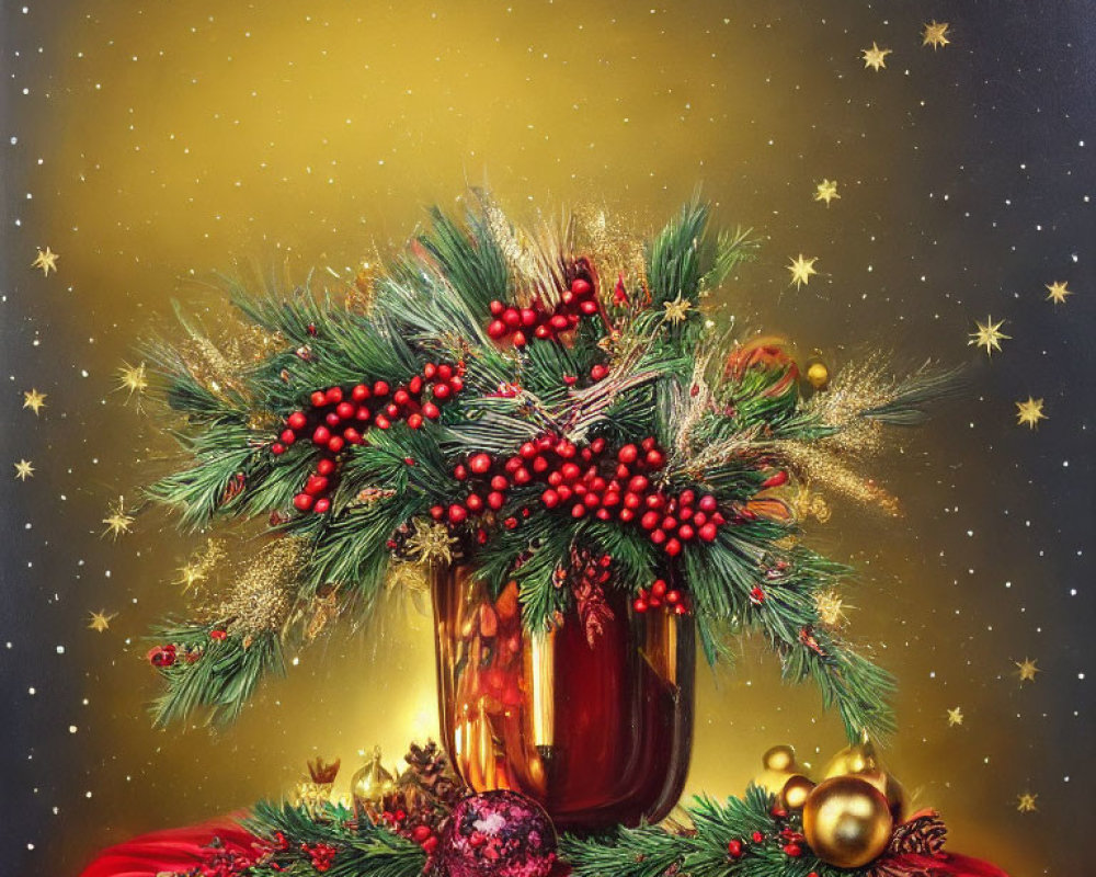 Holiday wreath with red berries and green foliage on shiny red base in golden backdrop