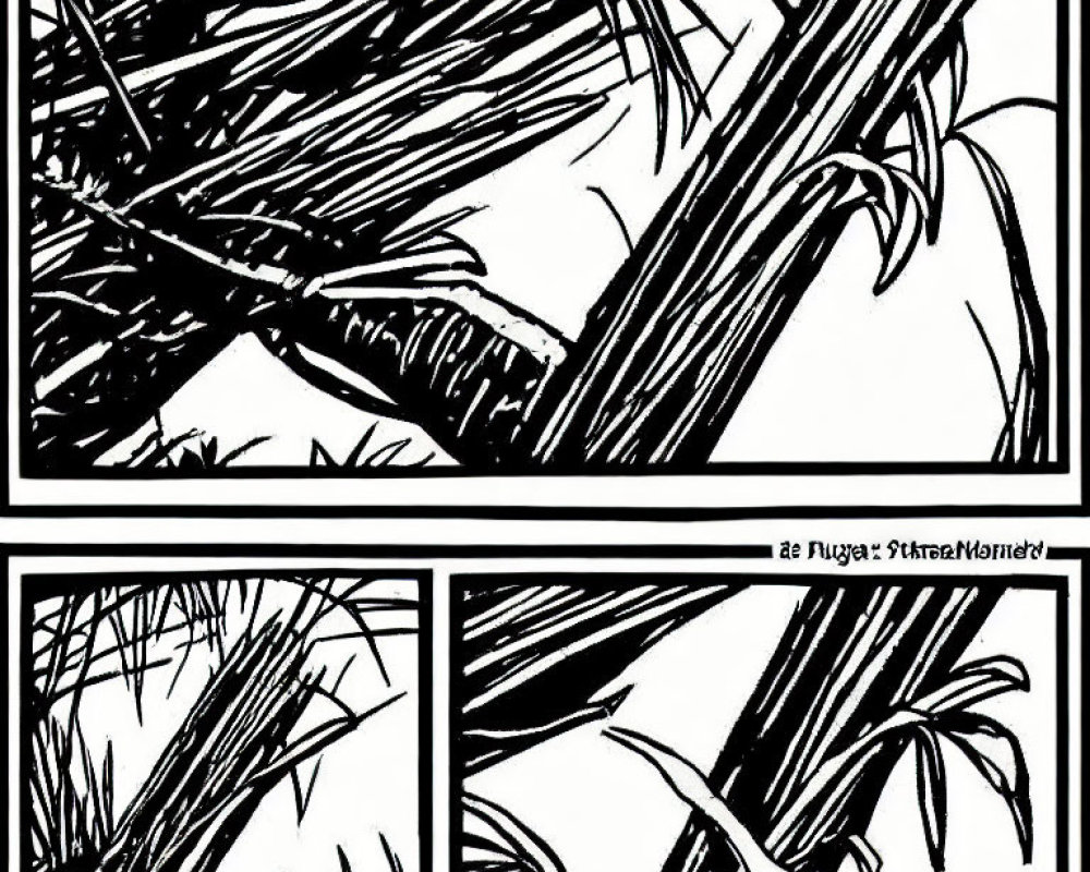 Monochrome comic strip: Close-up of grass, foliage, and hidden eyes.