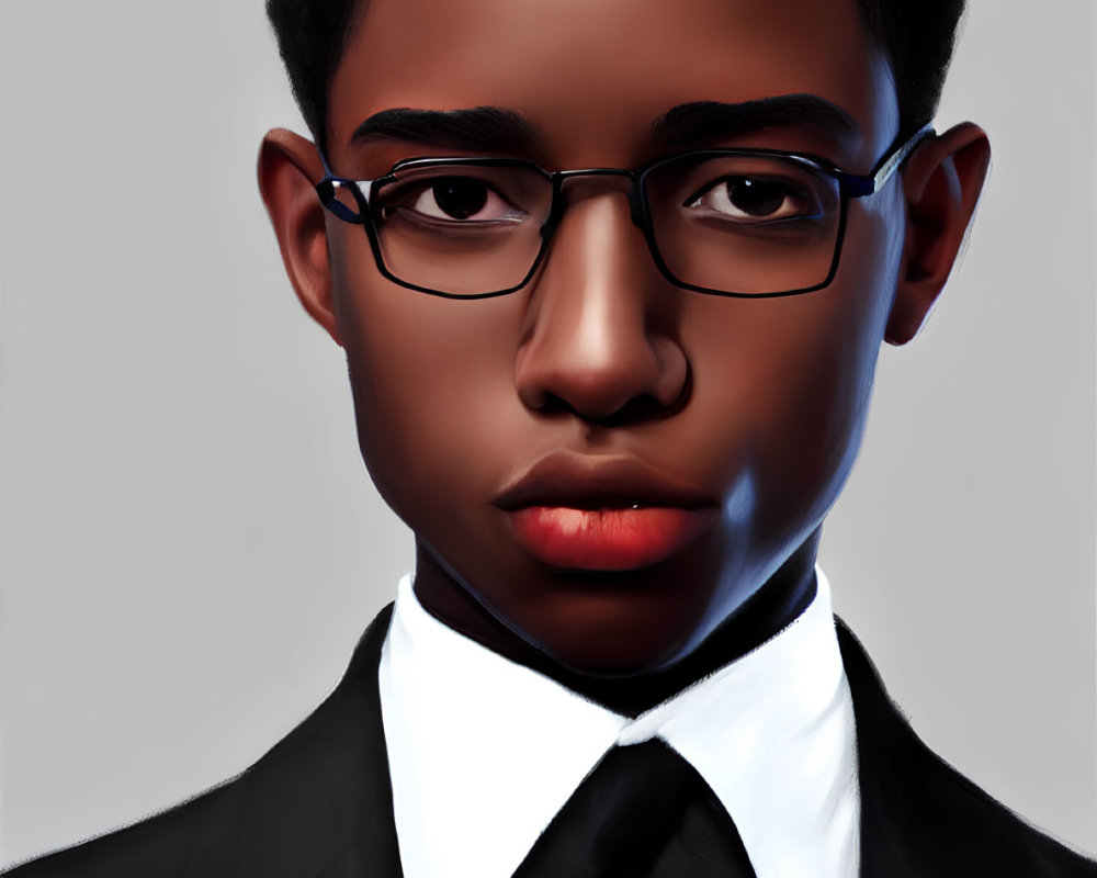 Realistic digital art of young male in glasses, black tuxedo, and bow tie.