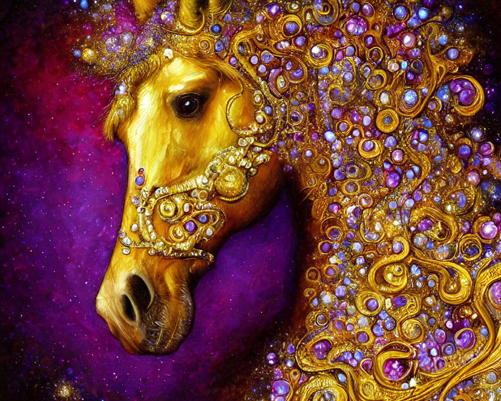 Horse adorned with gold jewelry in cosmic setting