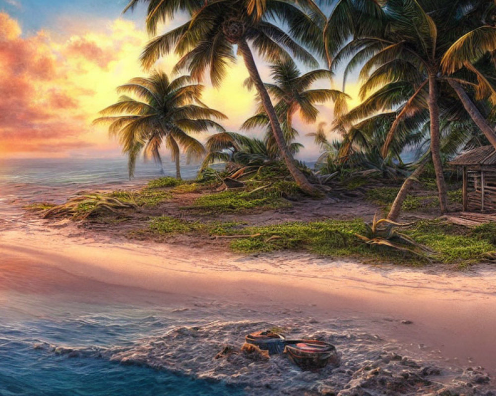 Tranquil beach scene at sunset with palm trees, hut, and boats