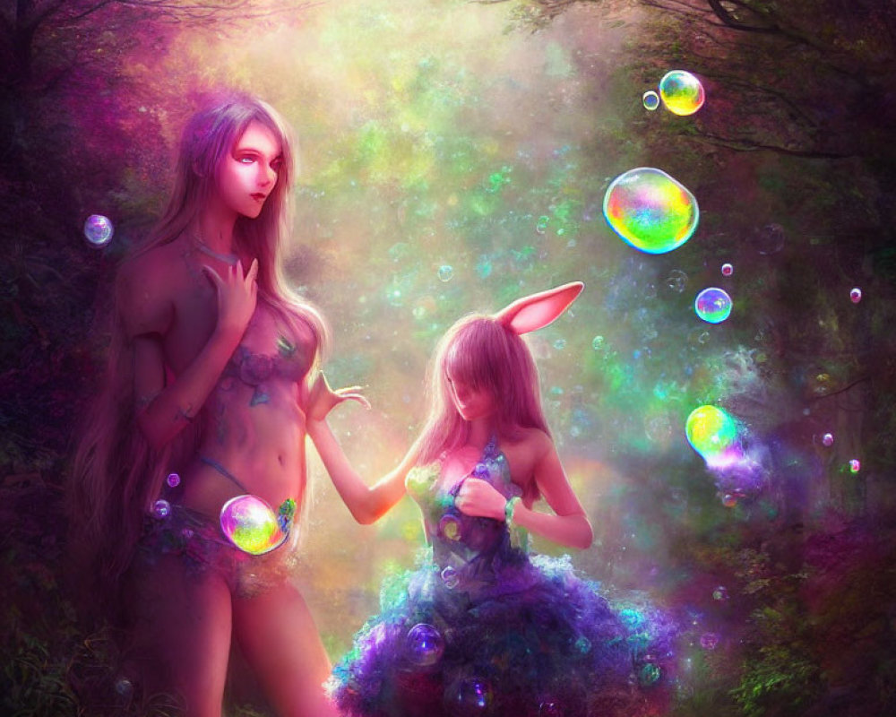 Two ethereal female figures in colorful forest with iridescent bubbles