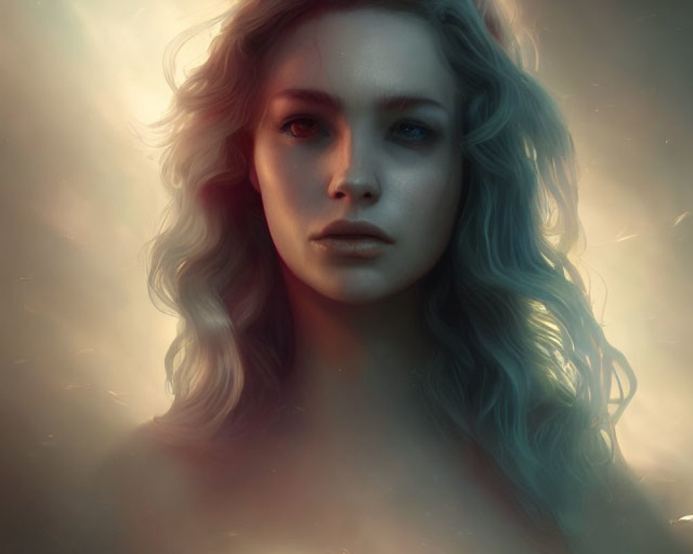 Digital portrait: Woman with wavy hair and warm backlight glow