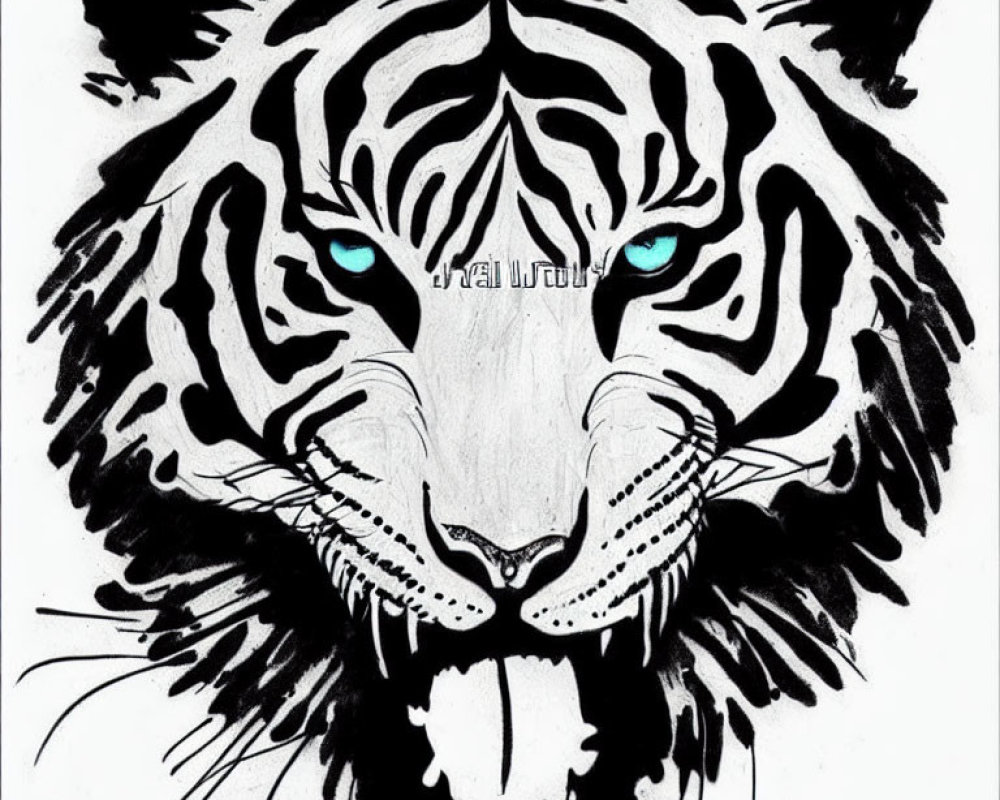 Detailed black and white tiger face sketch with blue eyes and snarling mouth.