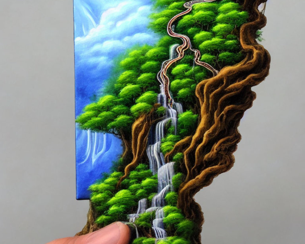 Vertical surreal landscape painting with waterfalls and trees.