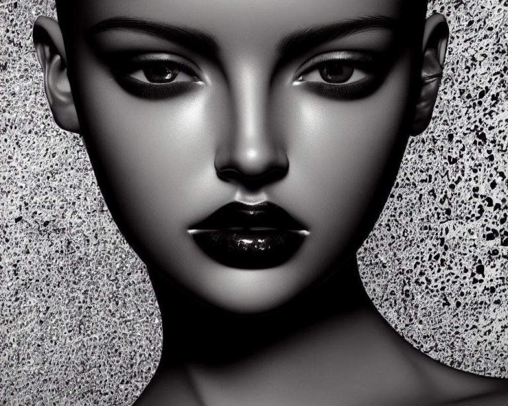 Monochromatic photorealistic portrait of a woman with bold makeup