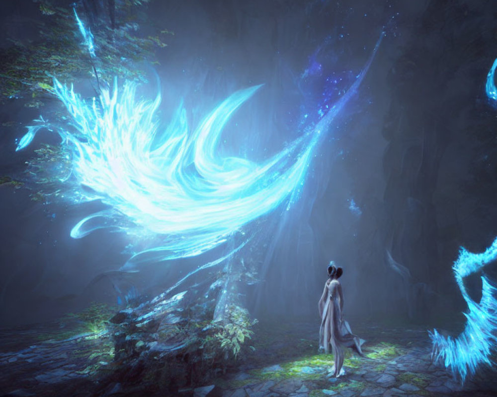 Person in cloak with ethereal wings in mystical forest