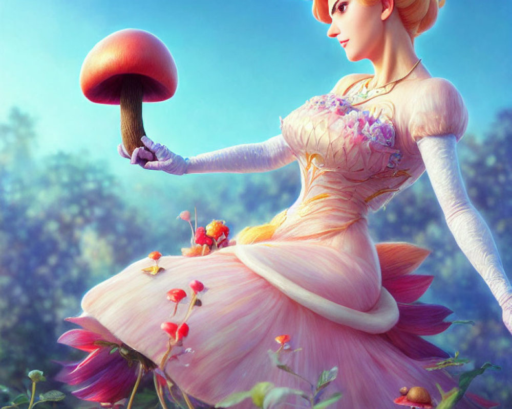 Stylized fairy tale character with mushroom in elegant dress against forest backdrop