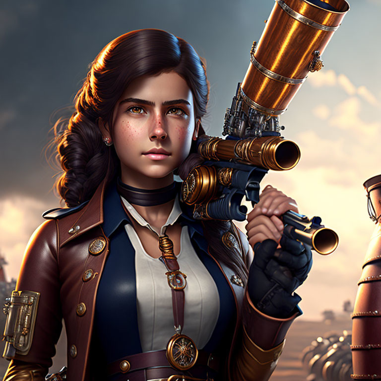 Digital art portrait of young woman with brown hair and freckles in steampunk outfit holding a