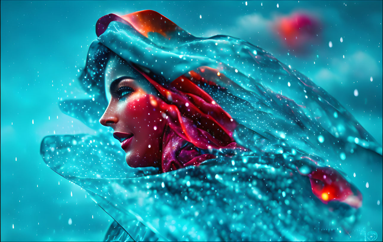 Colorful Scarf Woman Profile Artwork with Snowflakes and Cold Background