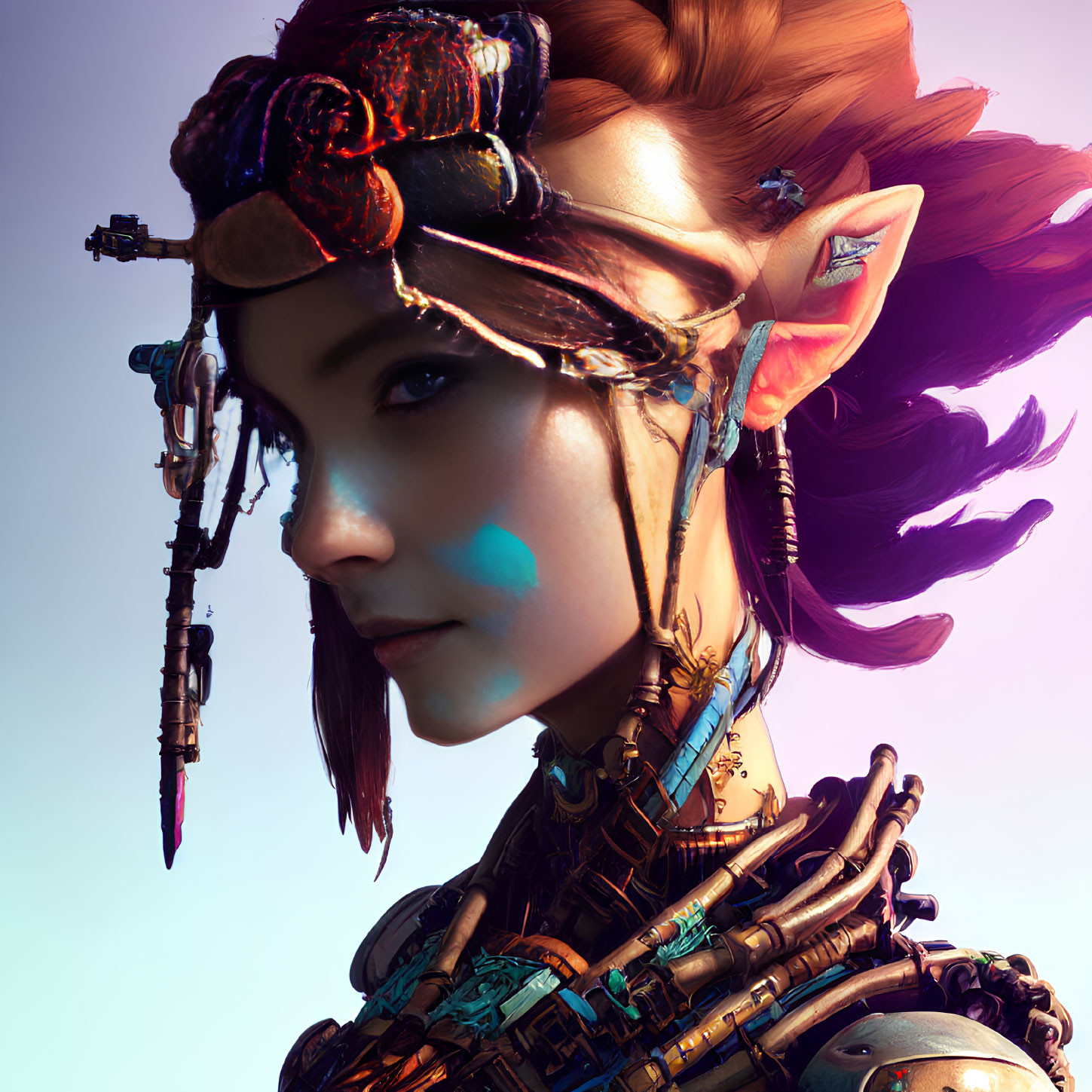 Digital art portrait of female character with elf-like ears, red hair, intricate headgear, and cyber