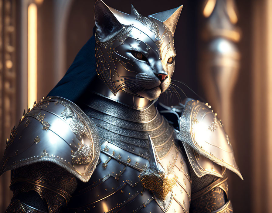 Anthropomorphic Cat in Ornate Silver Armor with Elegant Etchings