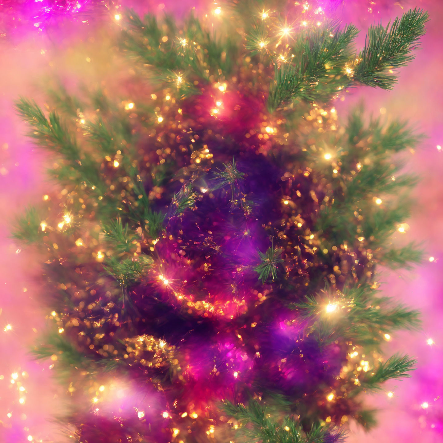 Colorful Christmas Tree with Golden Lights on Festive Background