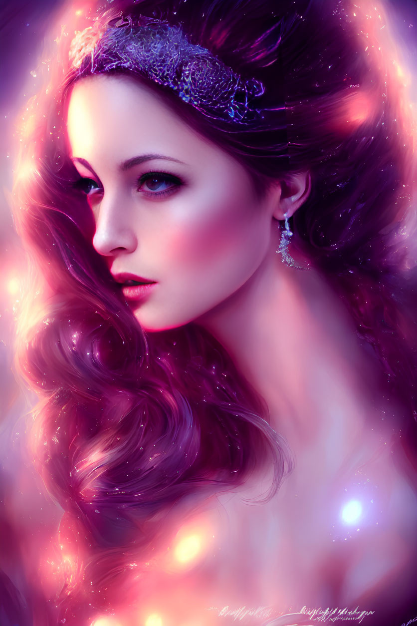 Vibrant purple-themed portrait of a woman with flowing hair and elegant accessories