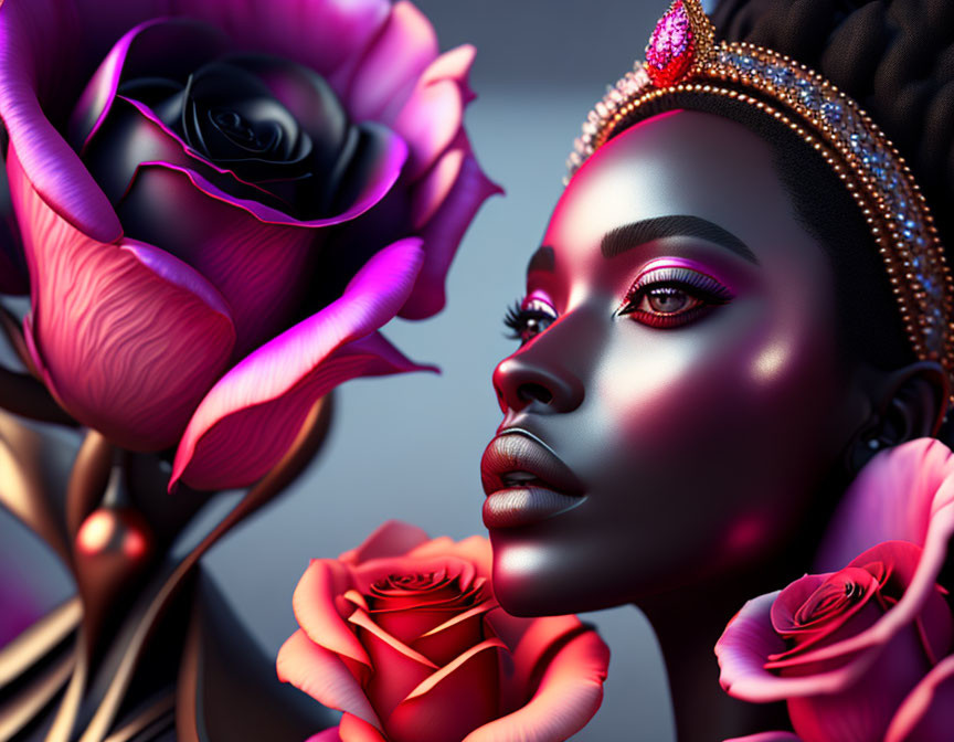 Vibrant makeup woman with jewelry among pink roses on dark backdrop