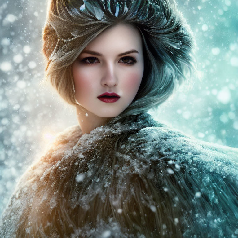 Woman in fur-lined coat with striking makeup in falling snow