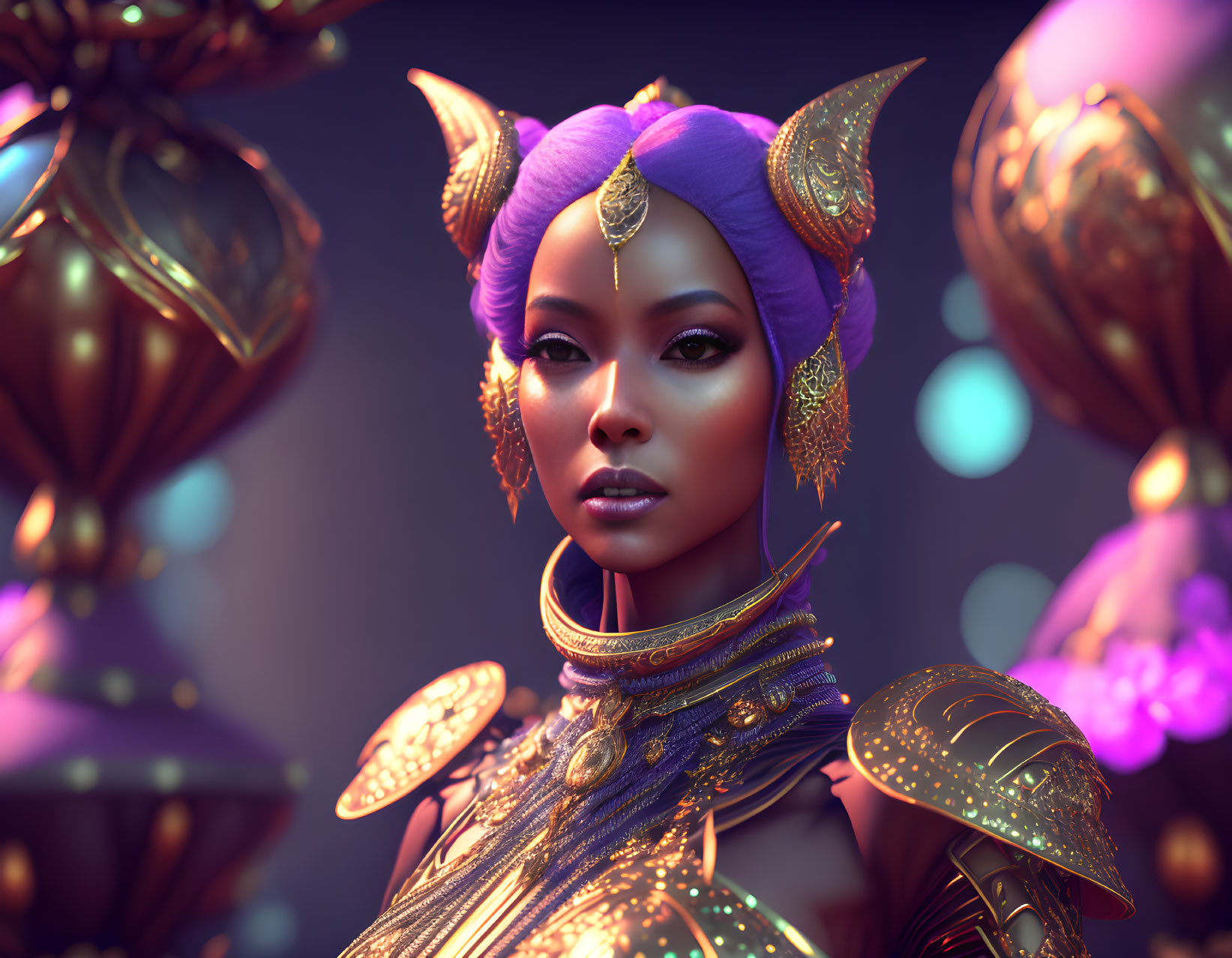 Digital art portrait of woman with purple hair in gold armor against glowing orbs.